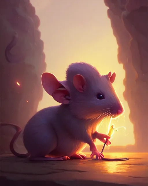 Image similar to highly detailed vfx portrait of a cute little rat casting light magic, unreal engine, greg rutkowski, loish, rhads, beeple, makoto shinkai and lois van baarle, ilya kuvshinov, rossdraws, tom bagshaw, alphonse mucha, global illumination, detailed and intricate environment