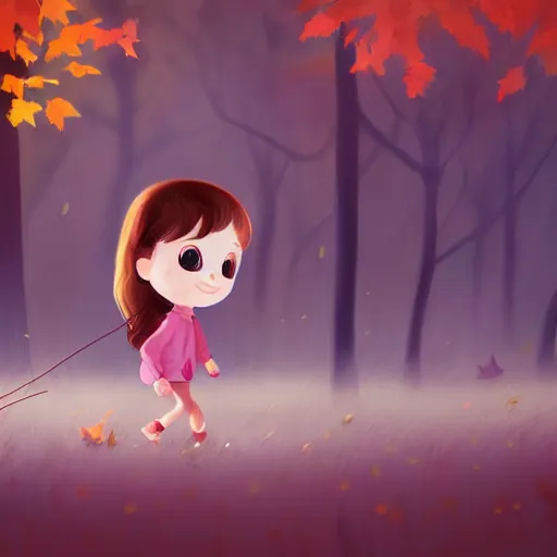 Image similar to samantha mash ilustration a beautiful little girl smiling, walking calmly through an autumn forest, style by goro fujita, character art, sharp focus, highly detailed, artstation