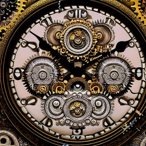 Image similar to a close up of a clock with many gears, a flemish baroque by takashi murakami, behance, kinetic art, steampunk, skeuomorphic, made of liquid metal a microscopic photo by ernst haeckel, zbrush central, kinetic pointillism, intricate patterns, photoillustration