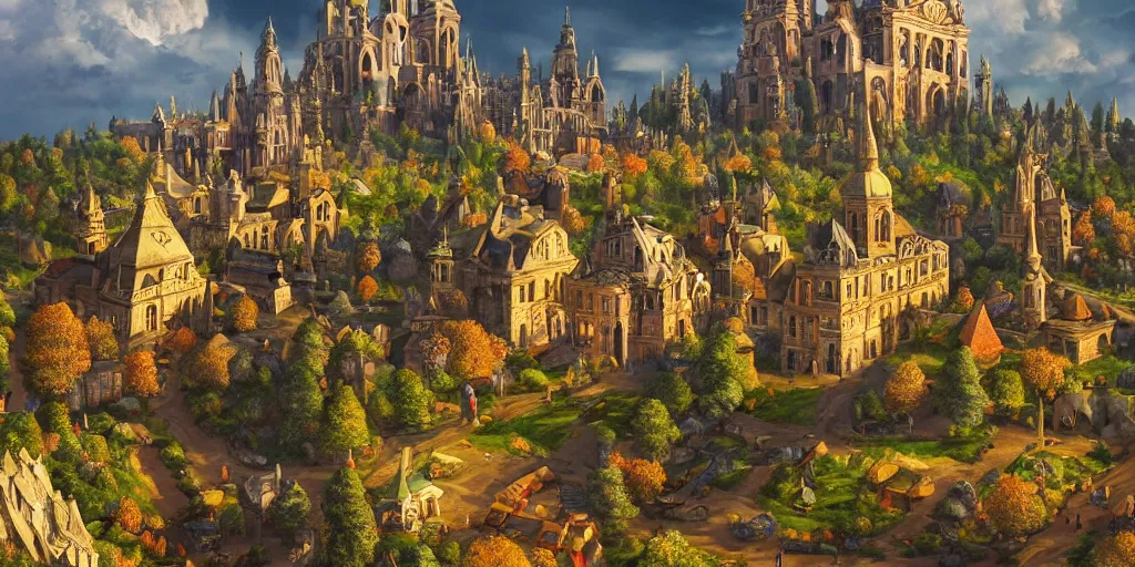 Prompt: a gnome running down a hill, massively intricate baroque city in the background, stone structures levitating in the sky, warm colours, extremely detailed, wide angle snapshot, high fantasy