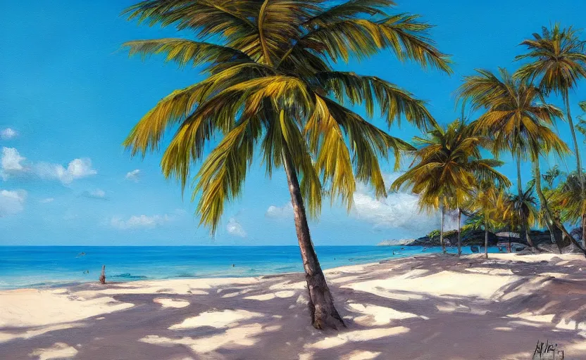 Image similar to A beautiful award winning painting of a tropical beach with palm trees and blue ocean, trending on artstation