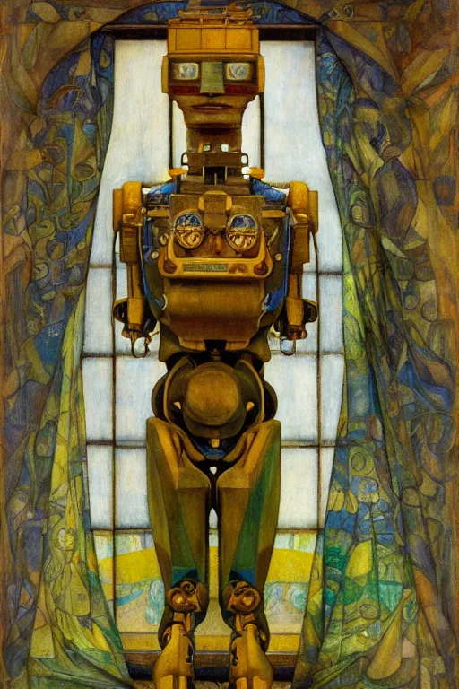 Image similar to the robot wearing his electric crown stands by the window at midnight , by Annie Swynnerton and Diego Rivera and Elihu Vedder, symbolist, dramatic lighting, elaborate geometric ornament, Art Brut, soft blues and greens,smooth, sharp focus, extremely detailed, Adolf Wölfli and Evelyn De Morgan