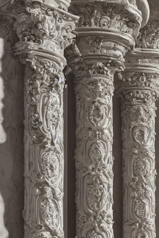 Image similar to Baroque columns with intricate carvings, high detail, cinematic, cgsociety 8k