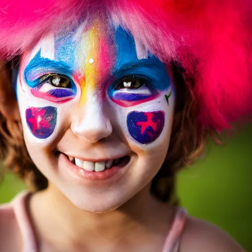 Image similar to a portrait of a girl who has face - painting like a clown smiling creepily. depth of field. lens flare