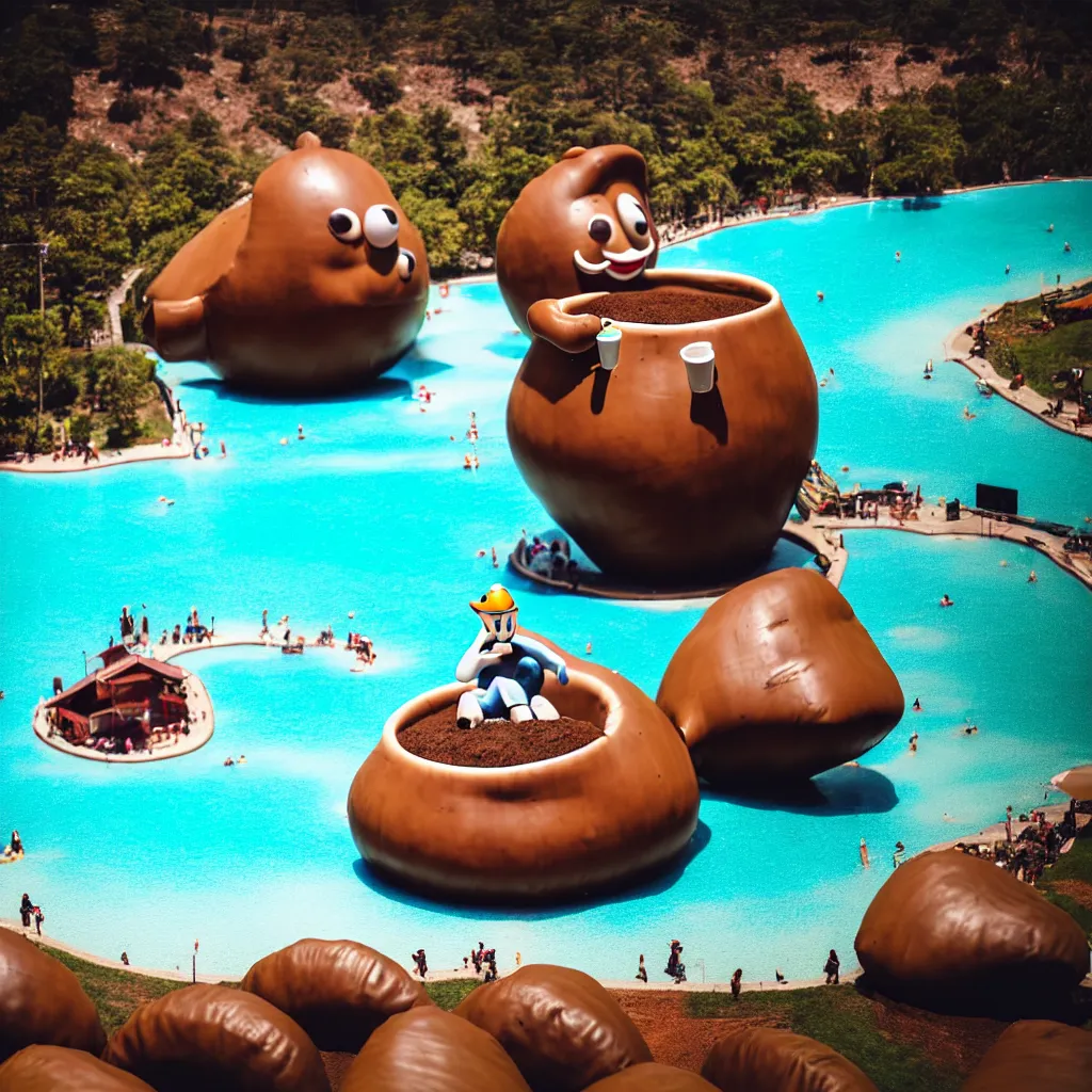 Prompt: tilt - shift view of a coffee - bean character drinking coffee while sitting on a coffee - bean shaped float in a giant coffee - cup shaped pool of coffee with steam rising up into the air