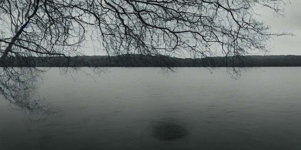 Image similar to symmetrical photograph of an infinitely long rope floating on the surface of the water, the rope is snaking from the foreground stretching out towards the center of the lake, a dark lake on a cloudy day, trees in the background, anamorphic lens, surreal