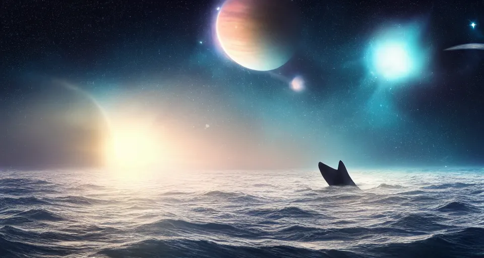 Image similar to high quality photo of big whale floating in dark beautiful space filled with stars, planets and galaxies, photorealism, 8k, extremely detailed