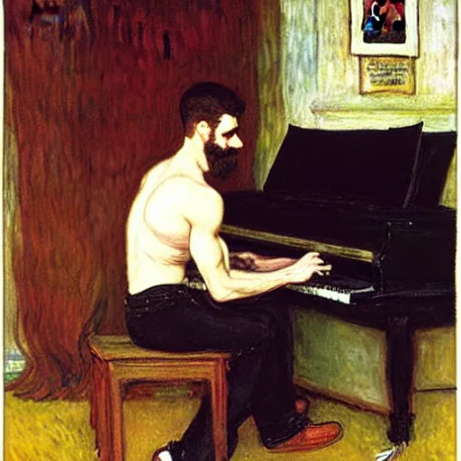 Prompt: attractive man playing piano, painting by tom of finland, john william waterhouse, claude monet