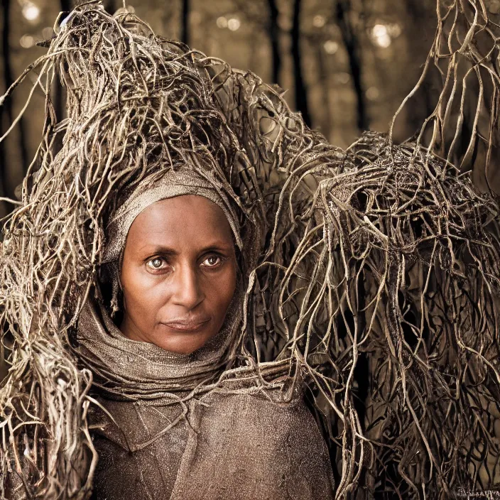 Image similar to closeup portrait of a woman wearing a cloak made of geodes and wire, standing in a burnt forest, by Annie Leibovitz and Steve McCurry, natural light, detailed face, CANON Eos C300, ƒ1.8, 35mm, 8K, medium-format print