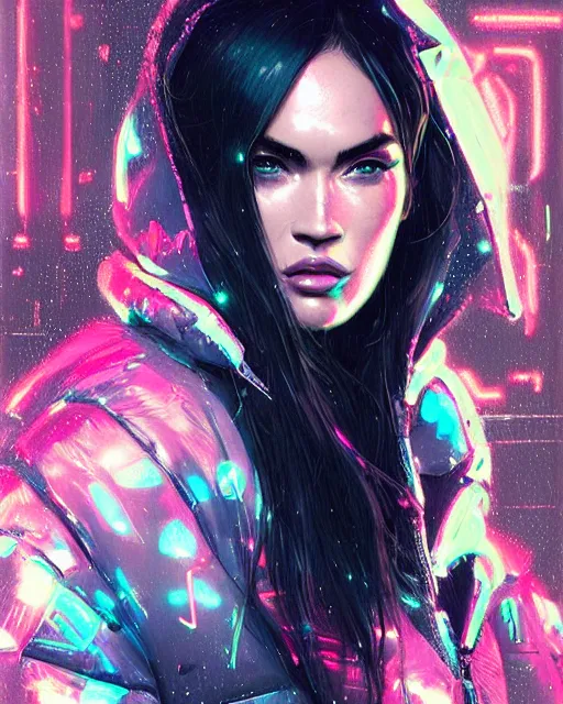 Image similar to detailed portrait megan fox neon operator girl cyberpunk futuristic neon reflective puffy coat, decorated with traditional japanese ornaments by ismail inceoglu dragan bibin hans thoma greg rutkowski alexandros pyromallis nekro rene margitte illustrated perfect face, fine details, realistic shaded, fine - face, pretty face