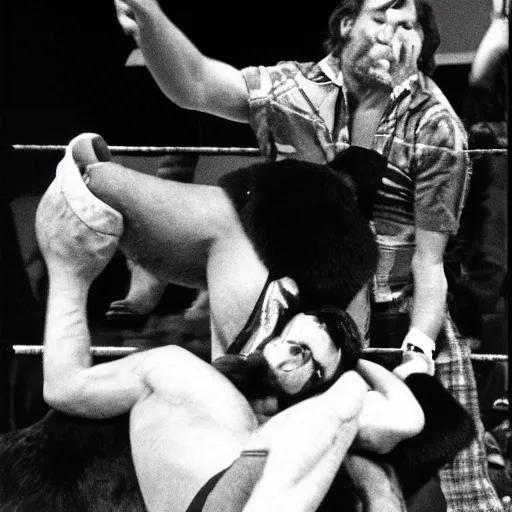 Prompt: maniac john dundee wrestling a bear. madison square garden, 1 9 7 2.