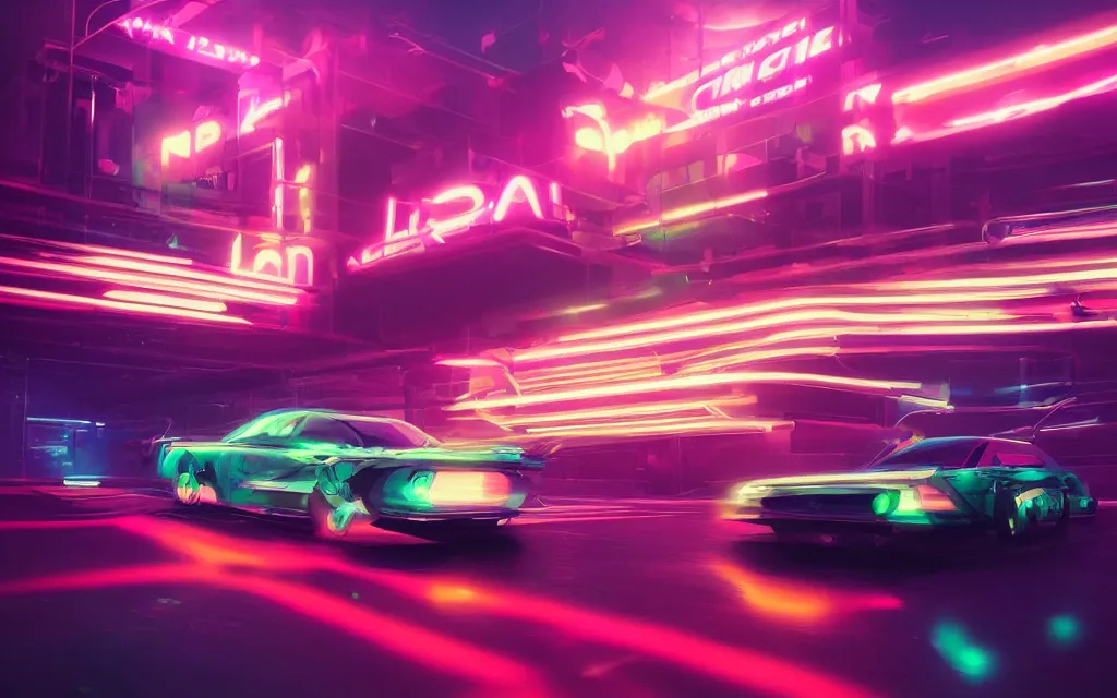 Image similar to a car drifting on a neon road, digital art by beeple, in the style of outrun