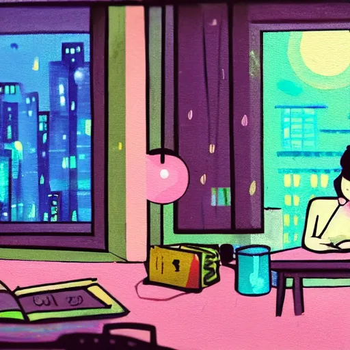 Image similar to An expressive Lo-fi style painting of a Korean girl sat writing in a journal while wearing headphones illuminated by a desk lamp and neon lights, in the background is a window overlooking a rainy night-time city, with a cat resting on the window cill, a relaxed and dreamy atmosphere, highly atmospheric with dynamic lighting, highly detailed, 8K