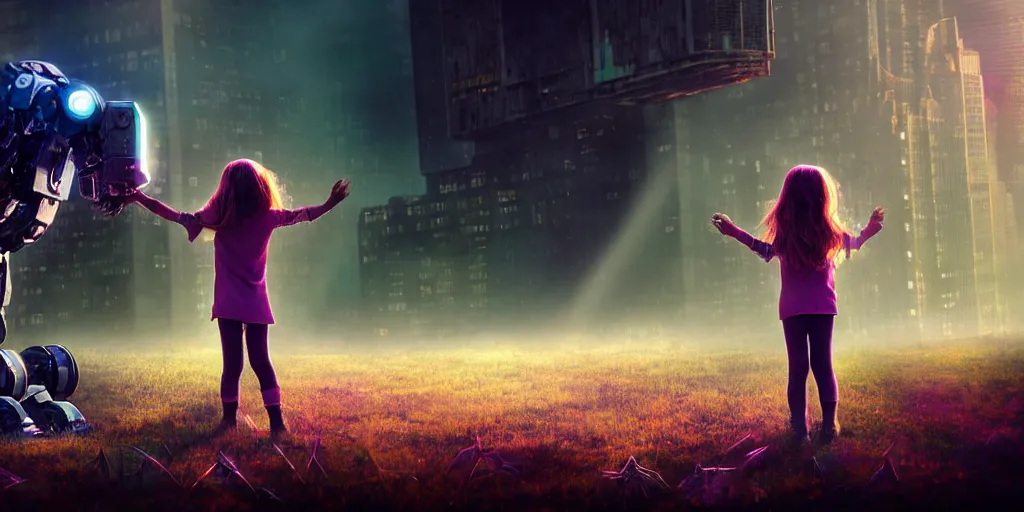 Image similar to sci - fi scene future new york city, little girl by herself in abandoned manhattan holding onto the outstretched hand of a giant robot, forest punk, little girl meets robot, crepuscular rays, epic scene, hyper realistic, photo realistic, overgrowth, cinematic atmosphere, ethereal lighting,