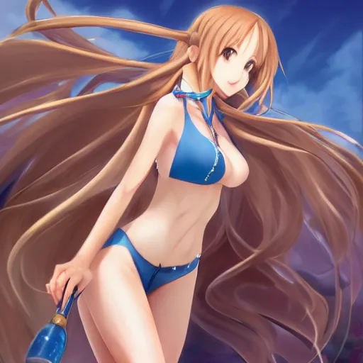 Image similar to a very beautiful mature yuuki asuna, full body, long wavy blond hair, sky blue eyes, full round face, bikini, miniskirt, front view, mid - shot, highly detailed, cinematic wallpaper by stanley artgerm lau