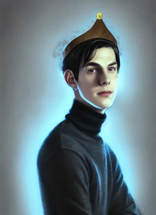 Image similar to portrait of teenage jughead jones wearing a light grey crown, crown, blue turtleneck, 1 9 5 0 s, closed eyes, photorealistic, black hair, glowing lighting, intricate, elegant, glowing lights, highly detailed, digital painting, artstation, concept art, smooth, sharp focus, illustration, art by wlop, mars ravelo and greg rutkowski