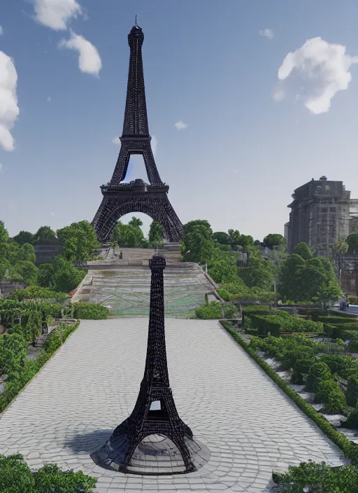 Prompt: highly detailed realistic architecture 3 d render of a stele in the style of eiffel tower standing in a city park, archdaily, made in unreal engine 4 octane render