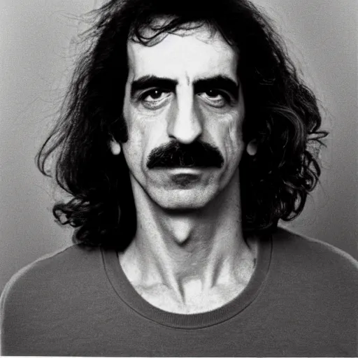 Image similar to Mugshot Portrait of Frank Zappa, taken in the 1970s, photo taken on a 1970s polaroid camera, grainy, real life, hyperrealistic, ultra realistic, realistic, highly detailed, epic, HD quality, 8k resolution, body and headshot, film still, front facing, front view, headshot and bodyshot, detailed face, very detailed face