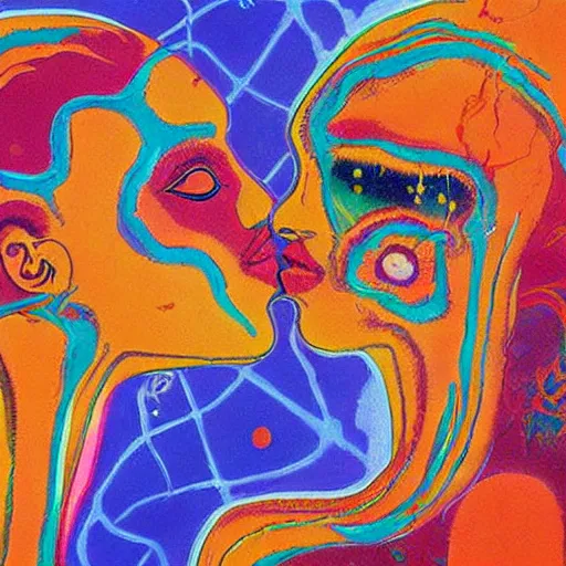 Image similar to beautiful painting of two bizarre psychedelic women kissing each other closeup in an aquarium in spain, speculative evolution, mixed media collage by basquiat and alex grey, magazine collage art, sapphic art, lesbian art