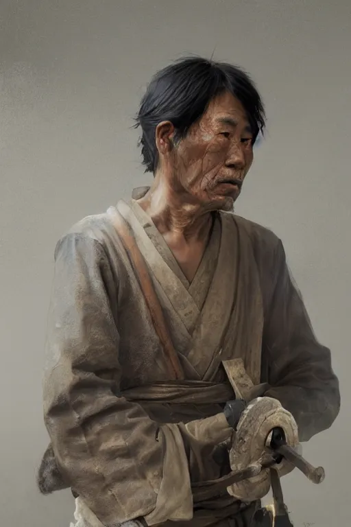 Image similar to Japanese blacksmith, portrait, poor, intricate, elegant, volumetric lighting, scenery, digital painting, highly detailed, artstation, sharp focus, illustration, concept art,ruan jia, steve mccurry