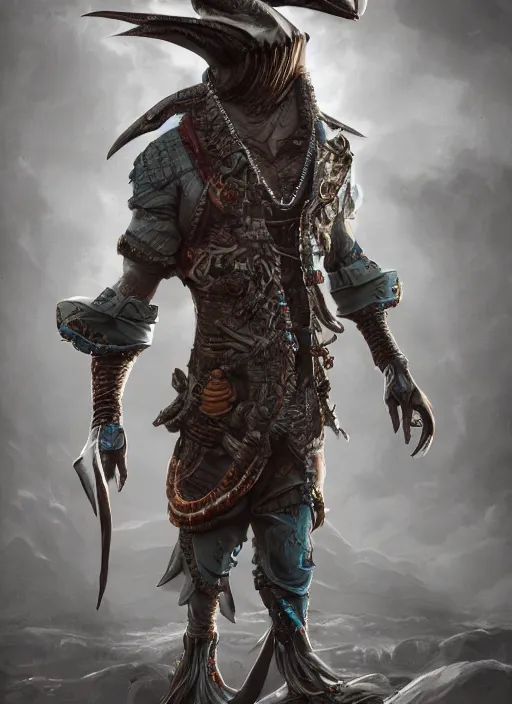 Image similar to detailed full body concept art illustration matte painting of an anthropomorphic shark pirate in full intricate clothing, ultra detailed, digital art, octane render, 4K, dystopian, micro details