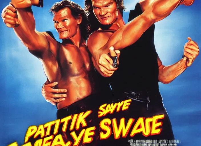 Image similar to Patrick Swayze, Ghanaian movie poster, romantic comedy, waterslide, Ninjas, highly detailed, HD, realism