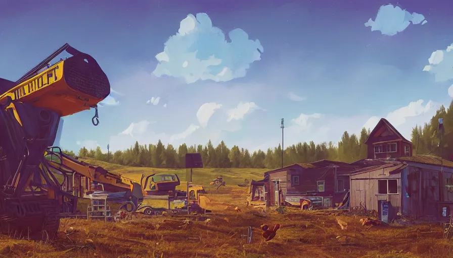 Image similar to a bulldozer accidently knocking over a chicken coop, matte painting, art station, blue sky, simon stalenhag