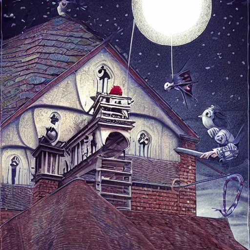 Image similar to A clown on the roof of the church playing with crows, by Android Jones and M. C. Escher collaboration, futurist, digital art, dramatic lighting, symbolic