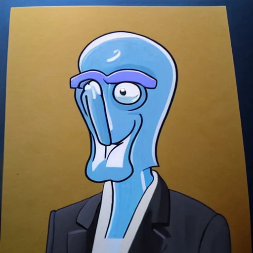 Image similar to handsome squidward portrait, realistic, cartoon, vivid