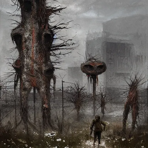 Image similar to painting of a abandoned post soviet town infested with humanoid root monsters by jakub rozalski