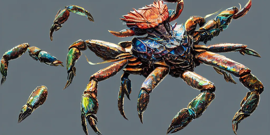 Image similar to Iridescent crab seamonster, character design sheet, Monster Hunter Illustrations art book, diamond sharp claws, huge arms, iridescent shards on its back, Moebius, Greg Rutkowski, Zabrocki, Karlkka, Jayison Devadas, Phuoc Quan, trending on Artstation, 8K, ultra wide angle, zenith view, pincushion lens effect.