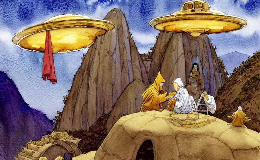 Image similar to a realistic and atmospheric watercolor fantasy concept art of a golden ufo landing on top of machu pichu. in the foreground a female medieval monk in grey robes is kneeling with her hands by her sides. by rebecca guay, michael kaluta, charles vess and jean moebius giraud