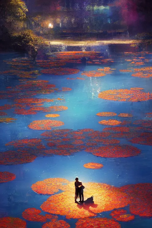 Image similar to nenufar in a pond, colorful, blue backgroung,clean, joyful, intricate, elegant, volumetric lighting, digital painting, highly detailed, artstation, sharp focus, illustration, concept art, ruan jia, steve mccurry