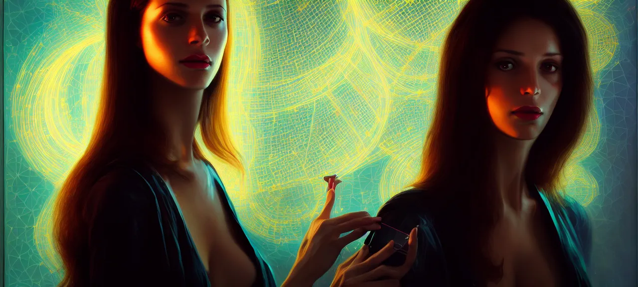 Image similar to beauty young spanish woman with long black portrait in holograms of The Zero Theorem artifacts, electrical case display, The Zero Theorem tech, ultrarealistic, dramatic lighting, electrical details, high details, 4k, 8k, best, accurate, trending on artstation, artstation, photorealism, ultrarealistic, digital painting, style of Peter Mohrbacher, Caravaggio, Boris Vallejo