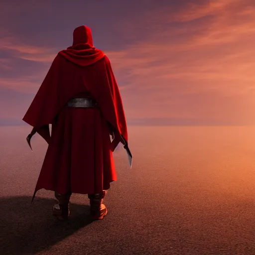 Image similar to man wearing a cloak and holding two red daggers, cinematic, sunset, medieval city background, 4 k