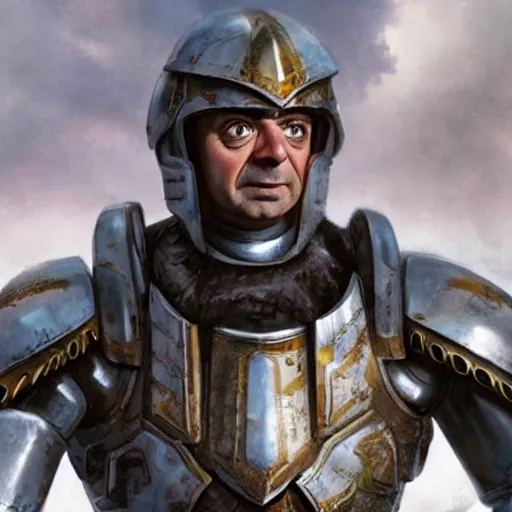 Image similar to photo of rowan atkinson in mandelorian armor, high res, realistic, high detail