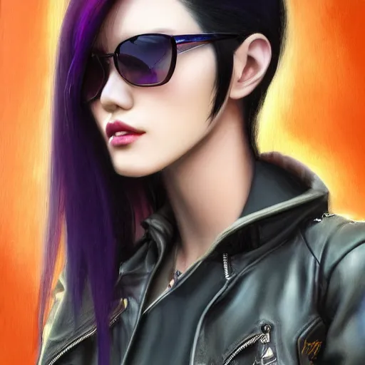 Image similar to photo of a gorgeous asian female with long dark purple hair in the style of stefan kostic, realistic, cyberpunk, leather jacket, aviators, body shot, sharp focus, 8 k high definition, insanely detailed, intricate, elegant, art by stanley lau and artgerm, floating embers