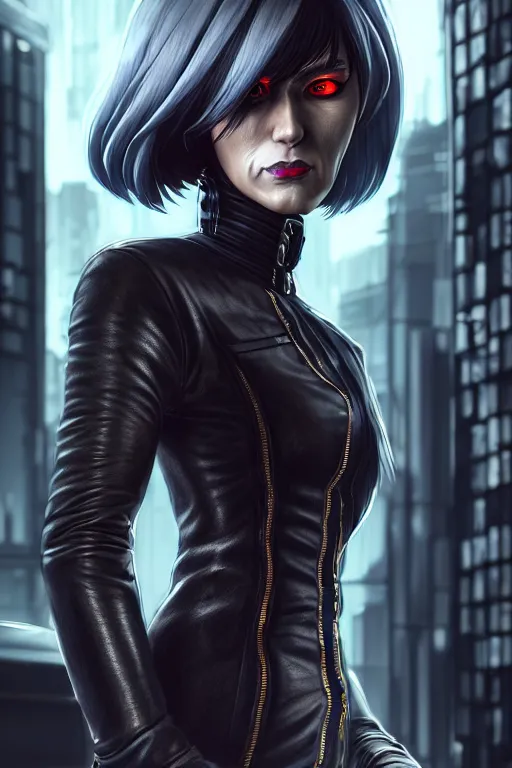 Image similar to hyperdetailed very close portrait of a european fourty years old woman with grey eyes in a leather suit with a pin in a cyberpunk city inspired by ross tran and wlop and masamune shirow and kuvshinov, concept art, intricate, photorealistic, octane render, rtx, hdr, unreal engine, dnd digital art by artgerm