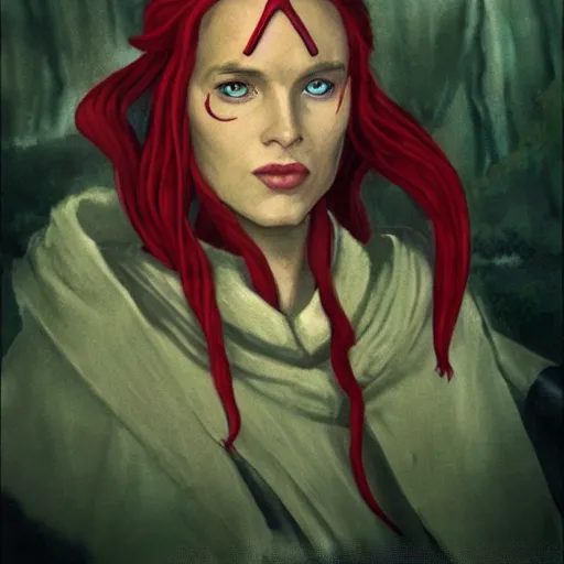 Prompt: a still from “ lord of the rings ” of a head and shoulders portrait of a female red - skinned winged tiefling warlock, photo by phil noto