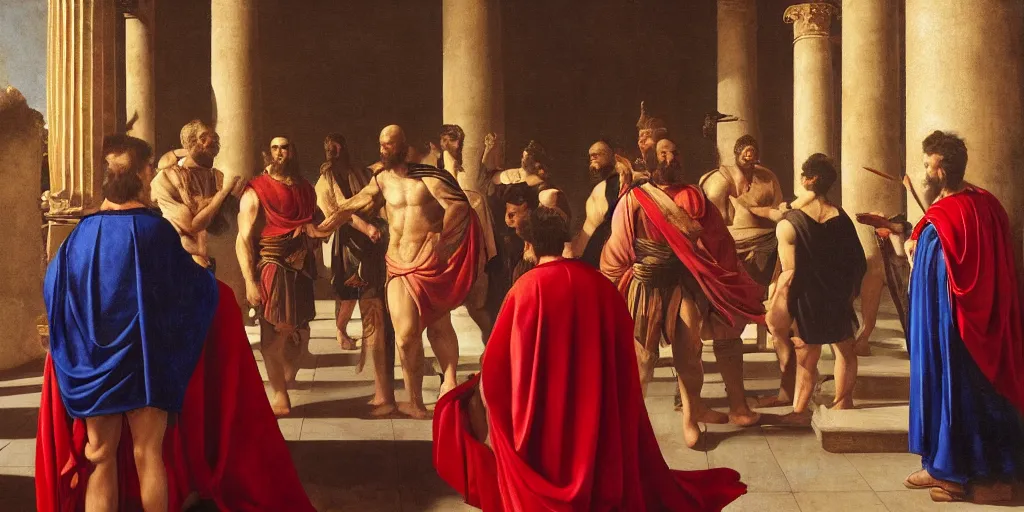 Prompt: beautiful oil matte portrait painting, men dressed in red capes and golden ornaments arguing inside a roman temple, wonderful masterpiece highly detailed, beautiful cinematic light deep focus, elegant, digital painting, smooth, sharp focus, golden ratio, dramatic illumination, ultra realistic, 8 k, art by artemisia lomi gentileschi and caravaggio