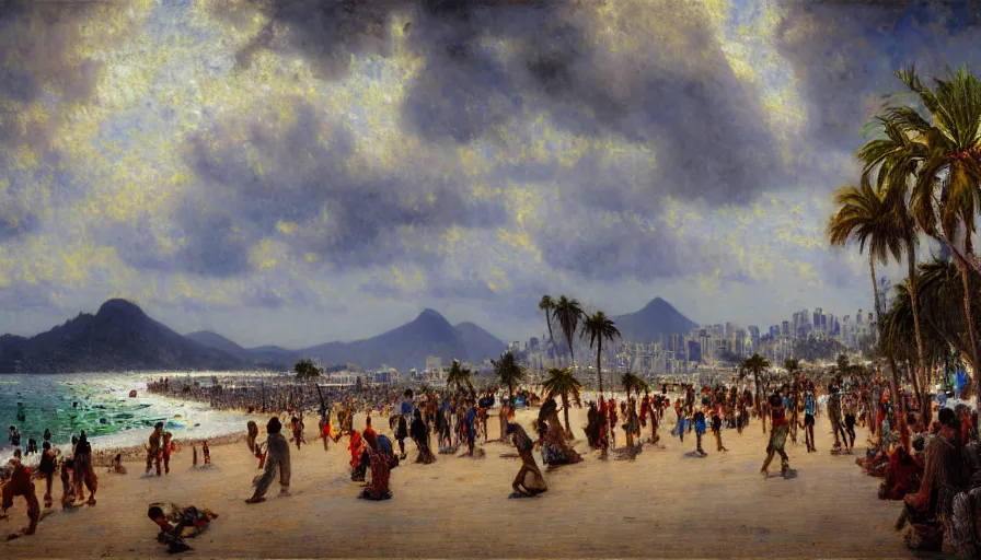 Prompt: a ultradetailed beautiful painting of the thundertorm sky of rio de janeiro balustrade designed by jules bastien - lepage, derek zabrocki, greg rutkowski, belsinski, beach, trending on artstation, mediterranean, palm trees, sharp focus, colorful refracted sparkles and lines, soft light, 8 k 4 k