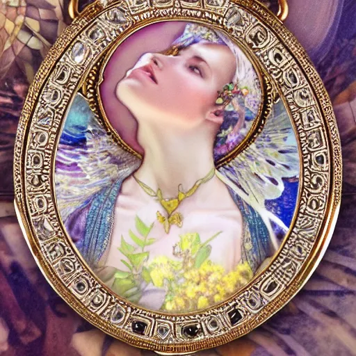 Prompt: hyperrealistic detailed seraphim with cinematic sharp focus 8 k in style of alfons mucha as a necklace