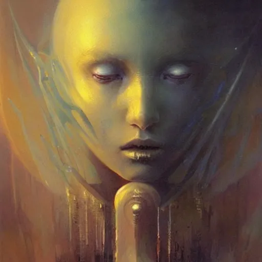 Prompt: an acrylic on canvas portrait painting of a beautiful alien priestess by Greg Rutkowski, Artgerm and Beksinski. Epic fantasy art. Golden ratio.