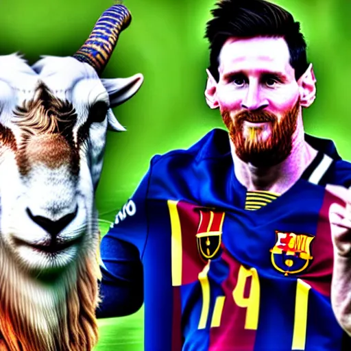 Image similar to lionel messi standing beside a majestic goat, intricate, elegant, highly detailed