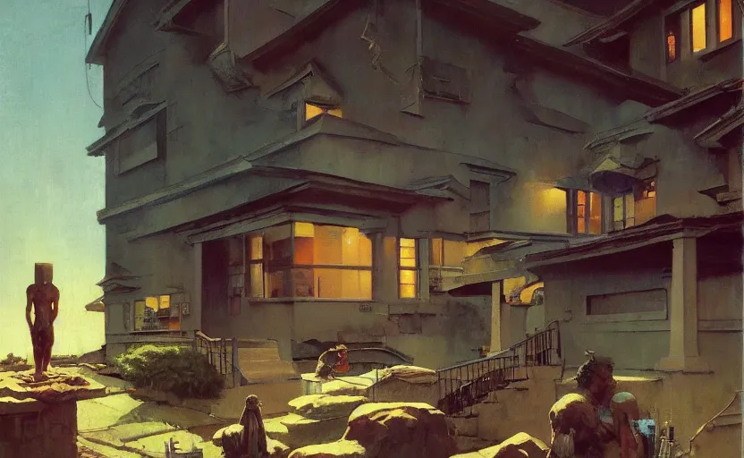 Image similar to a scene of a suburban house surrounded by ancient monoliths. highly detailed science fiction painting by norman rockwell, frank frazetta, and syd mead. rich colors, high contrast, gloomy atmosphere, dark background. trending on artstation