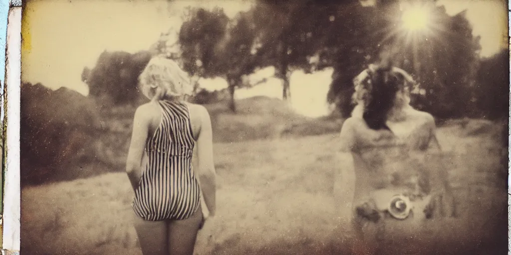 Prompt: weathered old analog polaroid portrait photograph of a beautiful young woman wearing a vintage striped bathing suit, scrapbook, folded photo, summer, azure sky, big clouds visible, lensflare, sunlight, glare, depth of field, bokeh, filmgrain, red color bleed