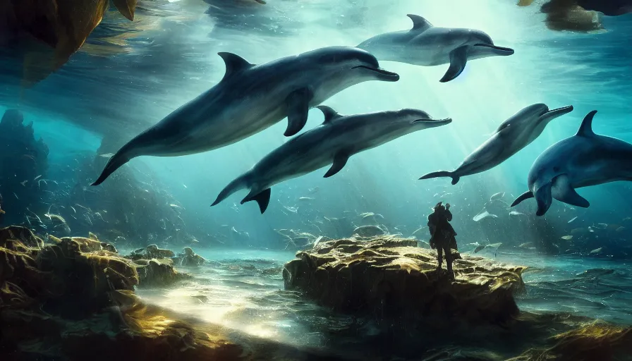 Image similar to underwater atlantis with dolphins and fish, light, shadows, rippling reflections, steam, epic composition, intricate, elegant, volumetric lighting, digital painting, highly detailed, artstation, sharp focus, illustration, concept art, ruan jia, steve mccurry