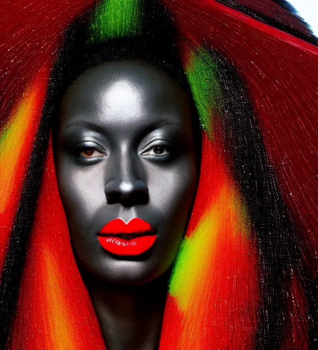 Prompt: photography face portrait of one beautifull black woman, stylish hair, with red lips and colorfull makeup in rainforest, wearing one organic futurist cape designed by iris van herpen,, photography by paolo roversi nick knight, helmut newton, avedon, and araki, sky forest background, natural pose, highly detailed, skin grain detail