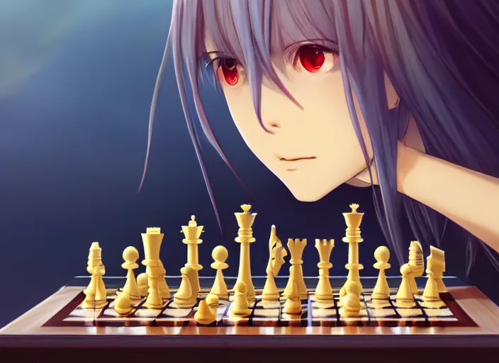 Image similar to rimuru playing chess, with gold eyes, straight hair, sky blue hair, long bangs, high collar, concept art, award winning photography, digital painting, cinematic, by wlop, anime key visual, wlop, 8 k, by ross tran, tom bagshaw, andy warhol