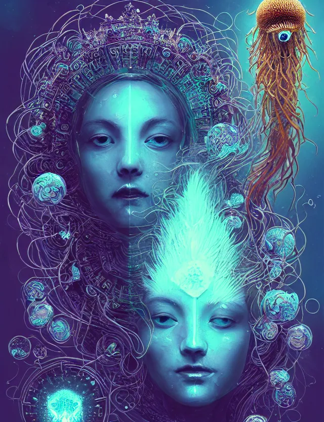 Image similar to goddess macro shouler portrait from bottom to top in crown made of ram skull. betta fish, jellyfish phoenix, bioluminiscent, plasma, ice, water, wind, creature, super intricate ornaments artwork by tooth wu and wlop and alena aenami and greg rutkowski